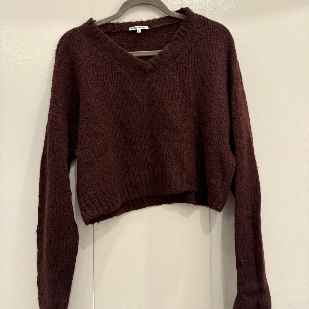 Reformation Brown V-Neck Sweater with Long Sleeves